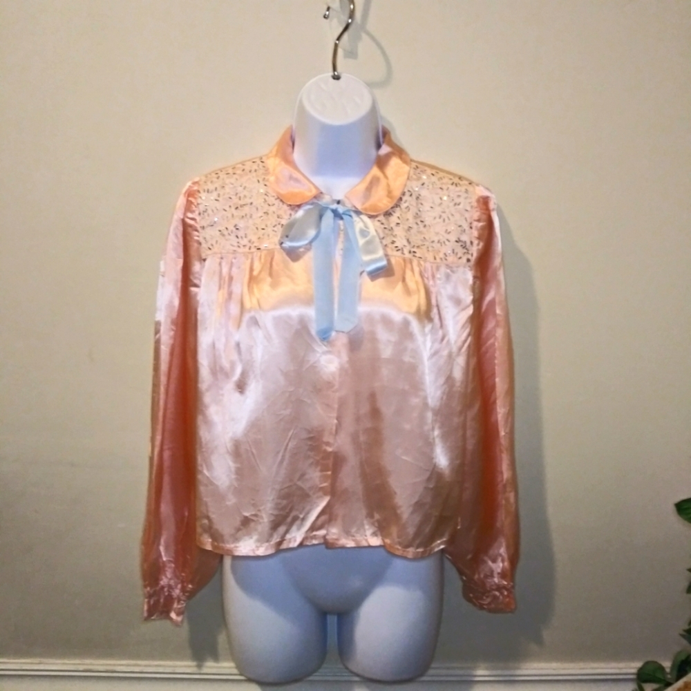 Vintage 1940's Handmade Pink & Blue Satin Bed Jacket With Lace/Silver Beading